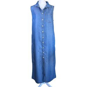 anna-kaci Dress Size Small Sleeveless Blue Long Maxi Button Front Sheath Pockets